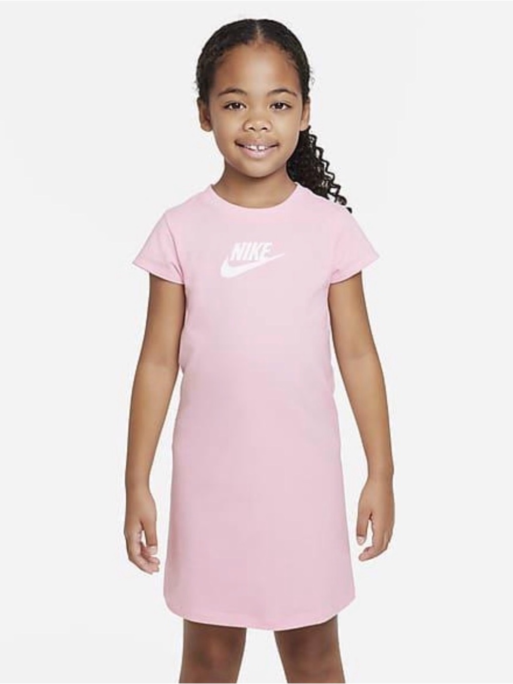 NWT Nike Girls 4 XS Pink Foam Club T Shirt Dress Swoosh Logo 36J692